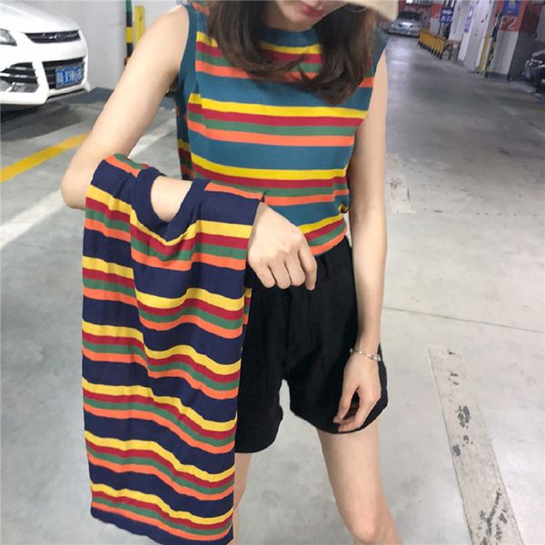 women tank striped knitted sleeveless shirt womens clothing summer workout vest female tunic korean style rainbow color top, White
women tank striped knitted sleeveless shirt womens clothing summer workout vest female tunic korean style rainbow color top, White