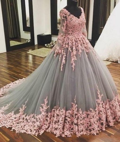 v-neck long sleeves pink lace applique grey tulle two stones ball gowns prom gowns long sleeves evening dresses, Black
v-neck long sleeves pink lace applique grey tulle two stones ball gowns prom gowns long sleeves evening dresses, Black