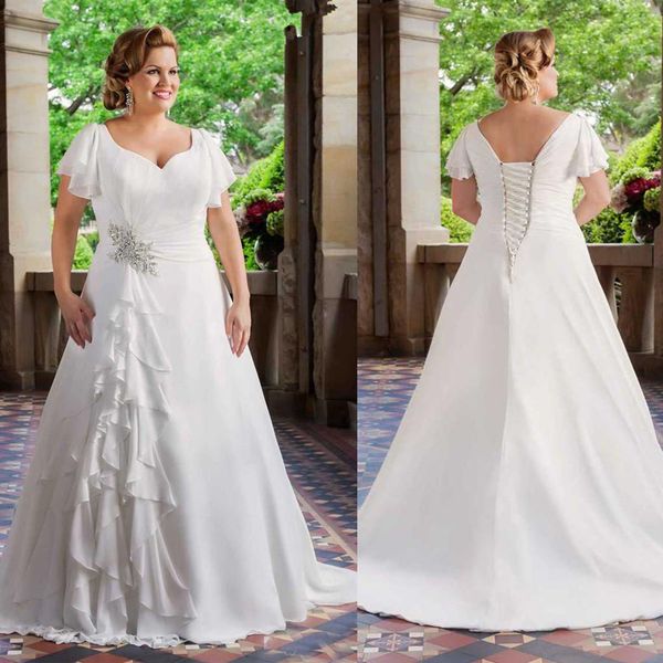 short sleeve v neck beaded ruffles chiffon plus size wedding dresses country a line robe de mariée bridal gowns lace up back, White
short sleeve v neck beaded ruffles chiffon plus size wedding dresses country a line robe de mariée bridal gowns lace up back, White