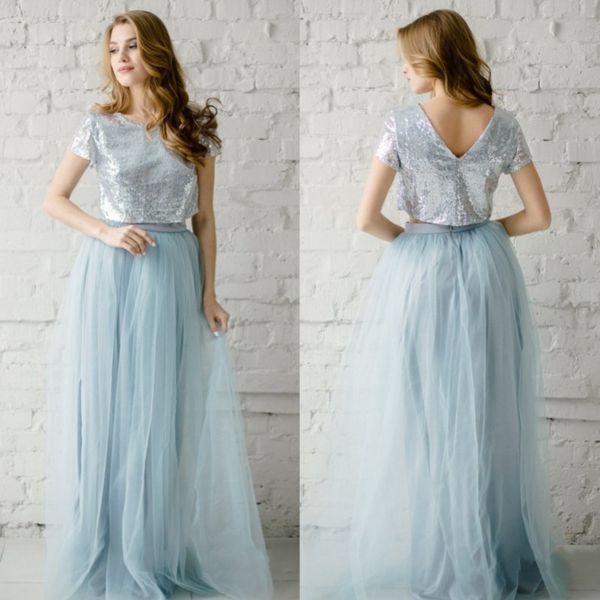 light sky blue sequined country bridesmaids dresses jewel neck two pieces wedding guest dress tulle plus size maid of honor gowns, White;pink
light sky blue sequined country bridesmaids dresses jewel neck two pieces wedding guest dress tulle plus size maid of honor gowns, White;pink