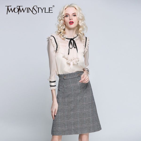 twotwinstyle chiffon shirt ruffles lace up patchwork stand collar long sleeve blouse female spring vintage fashion clothing, White
twotwinstyle chiffon shirt ruffles lace up patchwork stand collar long sleeve blouse female spring vintage fashion clothing, White