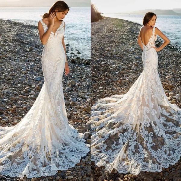 custom eddy k lace mermaid beach wedding dresses with appliques v neck backless sweep train wedding bridal gowns, White
custom eddy k lace mermaid beach wedding dresses with appliques v neck backless sweep train wedding bridal gowns, White