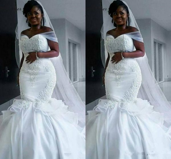 2020 new south african plus size mermaid wedding dresses off shoulder lace appliques beaded arabic sweep train formal bridal gowns, White
2020 new south african plus size mermaid wedding dresses off shoulder lace appliques beaded arabic sweep train formal bridal gowns, White