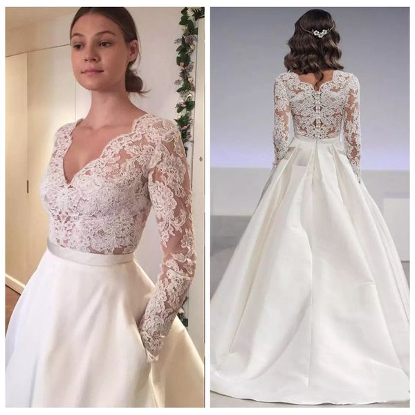 2019 v-neck lace wedding dress long sleeves bridal gown long sleeves v neck engagement dresses custom made satin a line with pocket, White
2019 v-neck lace wedding dress long sleeves bridal gown long sleeves v neck engagement dresses custom made satin a line with pocket, White
