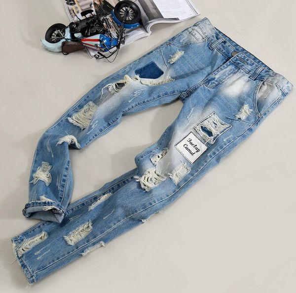 man light blue straight jeans ripped patchwork holes slim fit long trousers men clothing
man light blue straight jeans ripped patchwork holes slim fit long trousers men clothing