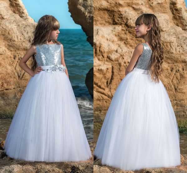 new silver sequined cute tulle flower girls' dresses with sash sleeveless floor length girls party gowns mc1549, White;blue
new silver sequined cute tulle flower girls' dresses with sash sleeveless floor length girls party gowns mc1549, White;blue