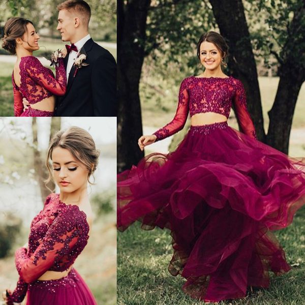 2018 gorgeous two piece prom dresses bateau neck long sleeves appliques beaded tulle floor length burgundy backless party dresses, Black
2018 gorgeous two piece prom dresses bateau neck long sleeves appliques beaded tulle floor length burgundy backless party dresses, Black