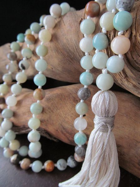 

knotted necklace round beads tassel necklace 108 bead amazonite mala prayer make prayer hand knotted yoga mala beads, Silver