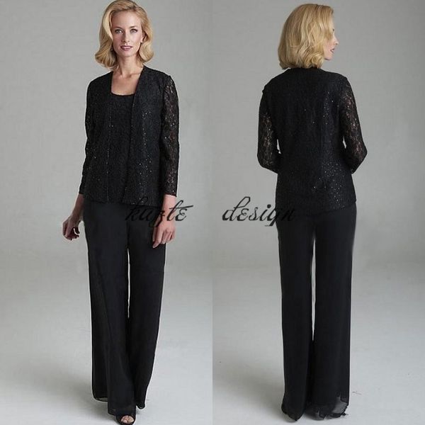 Black Lace Mother Of The Bride Pant Suits With Jackets Scoop Neck Sequined Wedding Guest Dress Plus Size Chiffon Mothers Groom Dresses
