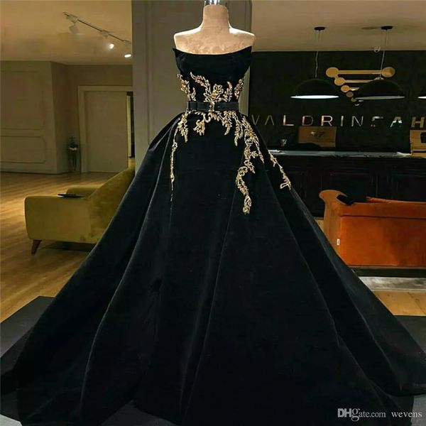 2019 ziad nakad gorgeous evening dresses strapless gold appliques velvet sweep train a line prom dress formal party gowns, Black;red
2019 ziad nakad gorgeous evening dresses strapless gold appliques velvet sweep train a line prom dress formal party gowns, Black;red