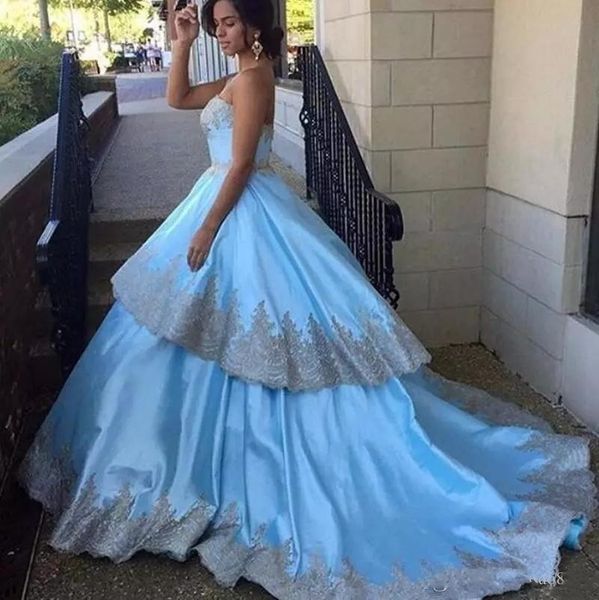 Wholesale - Luxury strapless Sky Blue ball Gown Prom Dresses silver Lace Appliques tiered skirt Evening Dress Formal Wear
Wholesale - Luxury strapless Sky Blue ball Gown Prom Dresses silver Lace Appliques tiered skirt Evening Dress Formal Wear