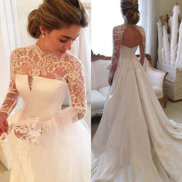 elegant ivory wedding dress high collar lace long sleeves satin bridal gowns sweep train dubai arabic wedding dresses, White