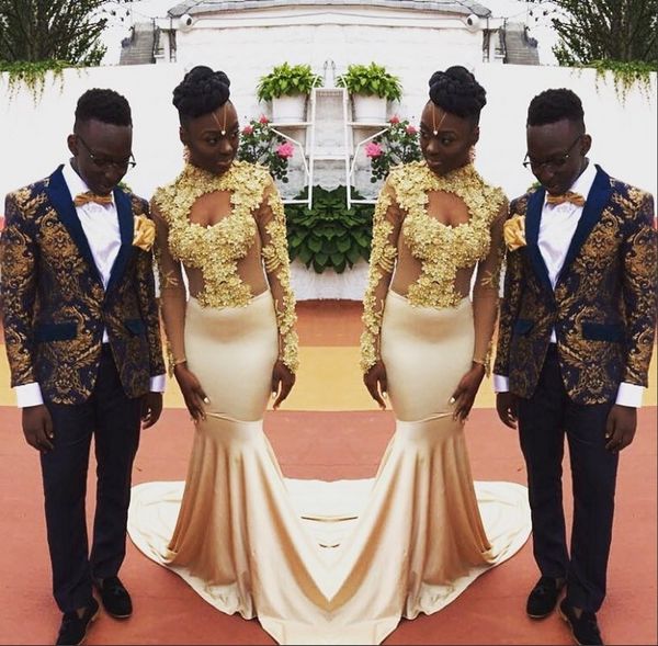 2018 prom dresses gold lace african formal evening gowns mermaid high collar long sleeves party dress, Black
2018 prom dresses gold lace african formal evening gowns mermaid high collar long sleeves party dress, Black