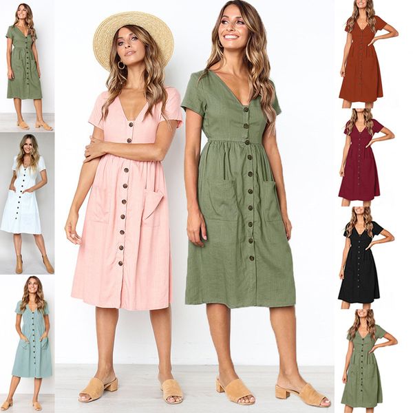 New Women Dress Summer V-Neck Short Sleeves Sundress Female French Style Button Decorated Pockets Design Vacation Knee Length Dresses
New Women Dress Summer V-Neck Short Sleeves Sundress Female French Style Button Decorated Pockets Design Vacation Knee Length Dresses
