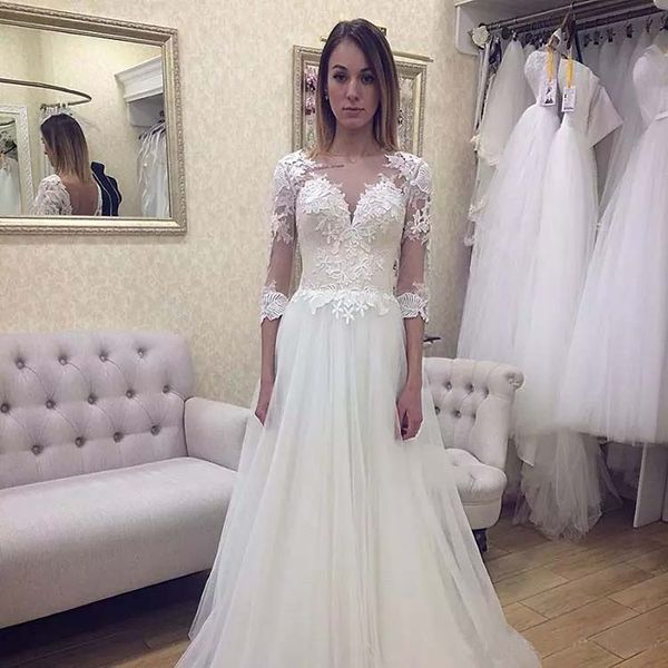 lace summer beach wedding dresses 2018 with half sleeves sheer neck sweep train a line wedding bridal gowns, White
lace summer beach wedding dresses 2018 with half sleeves sheer neck sweep train a line wedding bridal gowns, White