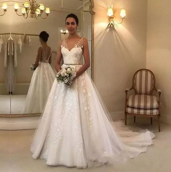 elegant wedding dresses sheer v neck open back tulle lace appliques country bridal gowns sash a line beach wedding dress, White
elegant wedding dresses sheer v neck open back tulle lace appliques country bridal gowns sash a line beach wedding dress, White