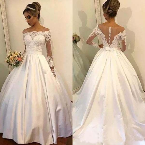 custom long sleeves lace ball gown wedding dresses 2019 with sash appliques beaded court train satin wedding bridal gowns, White
custom long sleeves lace ball gown wedding dresses 2019 with sash appliques beaded court train satin wedding bridal gowns, White