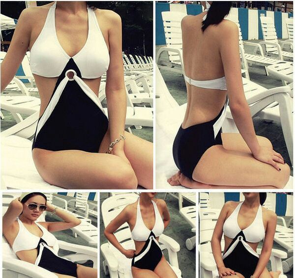 women's swimwear bikini summer women swim beach halter black white patchwork one piece swimsuit, White;black
women's swimwear bikini summer women swim beach halter black white patchwork one piece swimsuit, White;black
