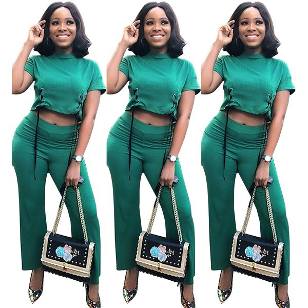 women solid green casual two piece outfits short sleeve bandage lacing and slim high waist wide leg pants q141, White
women solid green casual two piece outfits short sleeve bandage lacing and slim high waist wide leg pants q141, White