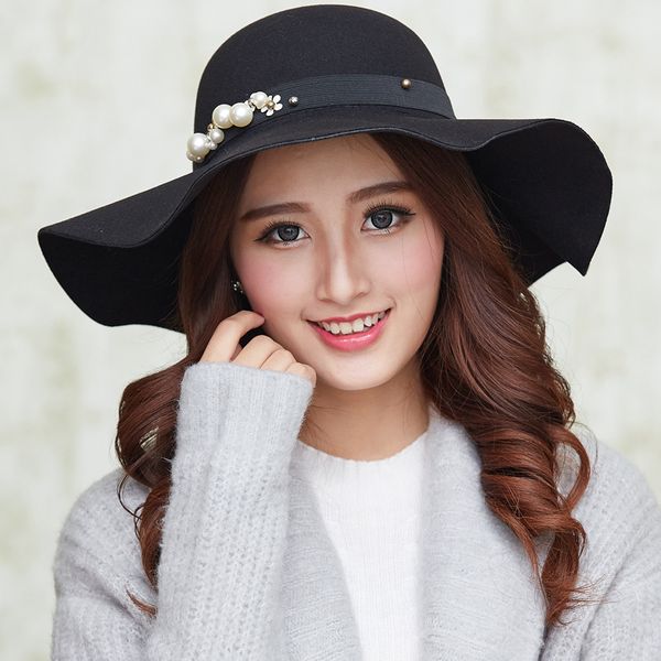 autumn and winter new wool big brim fedora hat casual british pearl flower lady fedora hat, Blue;gray
autumn and winter new wool big brim fedora hat casual british pearl flower lady fedora hat, Blue;gray