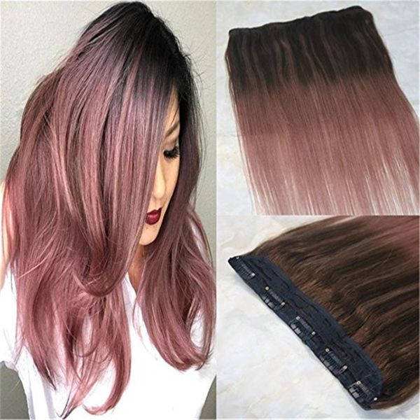 

omber balayage rose gold one piece clip in hair extensions 5 clips straight remy hair salon quality 9a grade 3/4 full head, Black