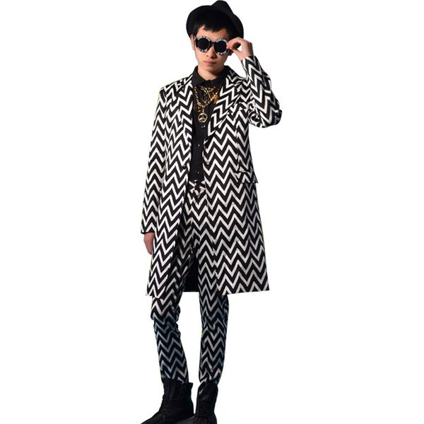 black white stripe men casual suit trouser custom stage fashion show costumes male long blazers suit coat, White;black
black white stripe men casual suit trouser custom stage fashion show costumes male long blazers suit coat, White;black