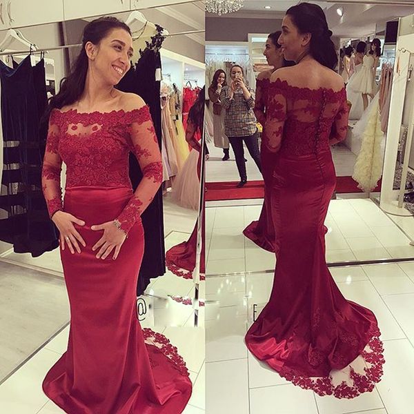 new arrival burgundy off the shoulder evening dress satin mermaid formal gown with sheer long sleeves custom made, Black;red
new arrival burgundy off the shoulder evening dress satin mermaid formal gown with sheer long sleeves custom made, Black;red