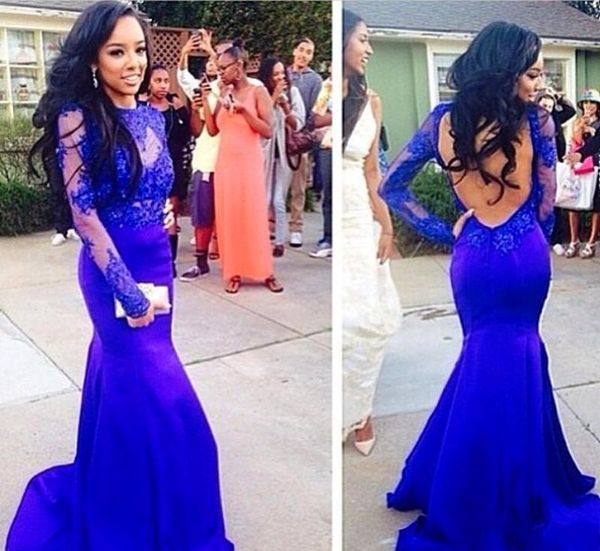 Sex Long Prom Dresses Royal Blue Jewel Neckline Evening Gown Long Sleeves Mermaid Party Gowns Sweep Train Sheer African Gowns Wear