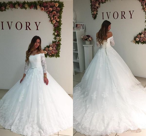 ball gown long sleeve wedding dress off shoulder bow belt sweep train classic design bridal gowns lace up back custom size, White
ball gown long sleeve wedding dress off shoulder bow belt sweep train classic design bridal gowns lace up back custom size, White