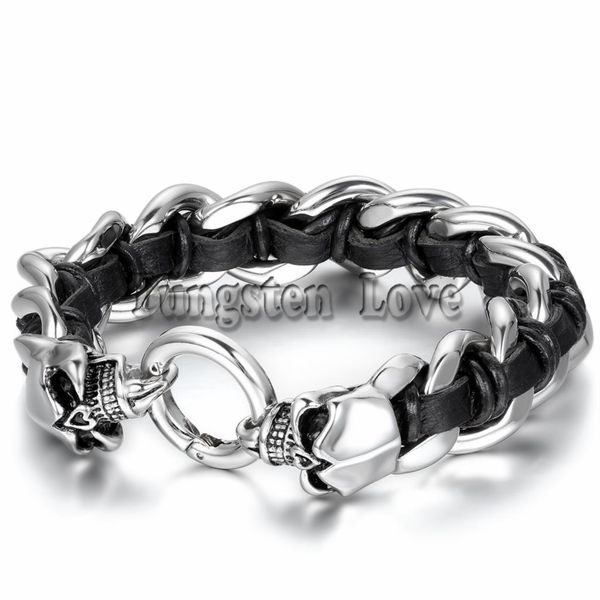 22cm punk stainless steel curb chain bracelet gothic mens skull black genuine leather braided bracelet pulseira de couro
22cm punk stainless steel curb chain bracelet gothic mens skull black genuine leather braided bracelet pulseira de couro