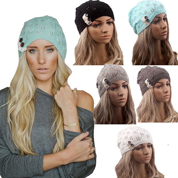 

women's leaf lace button tricorne knit winter warm hat braided baggy beret beanie cap, Blue;gray