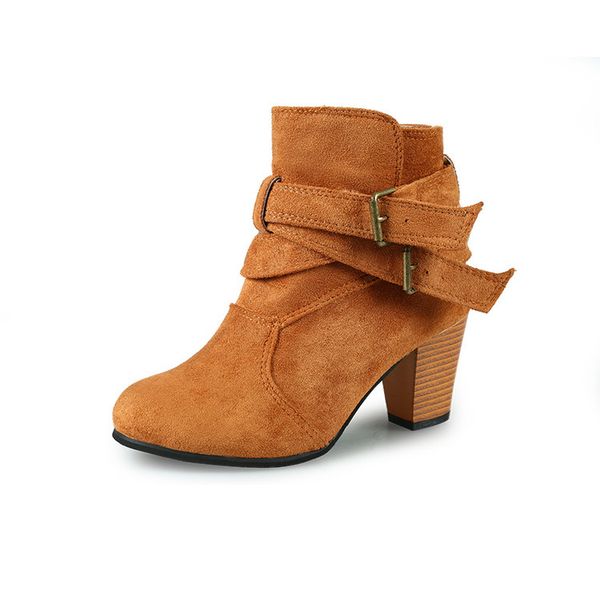 pointed toe square heel women boots fashion buckle ankle boots women shoes zipper high heel boots shoes woman large size, Black