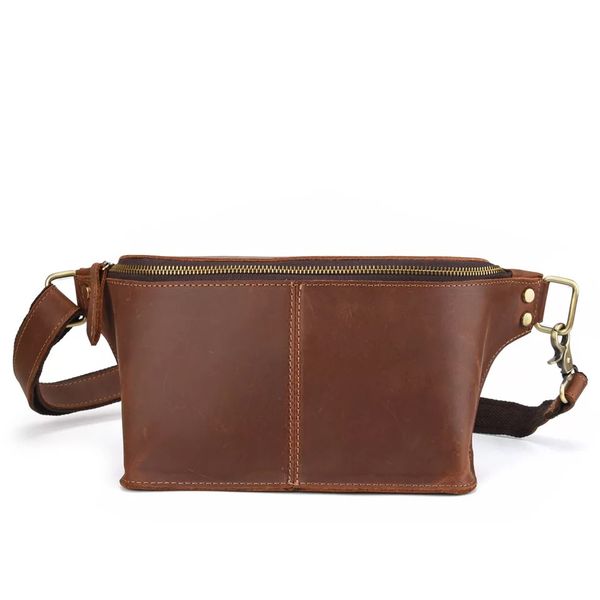 

men genuine leather vintage messenger crossbody bag crazy horse leather waist bag handmade zipper pocket chest for cowboy