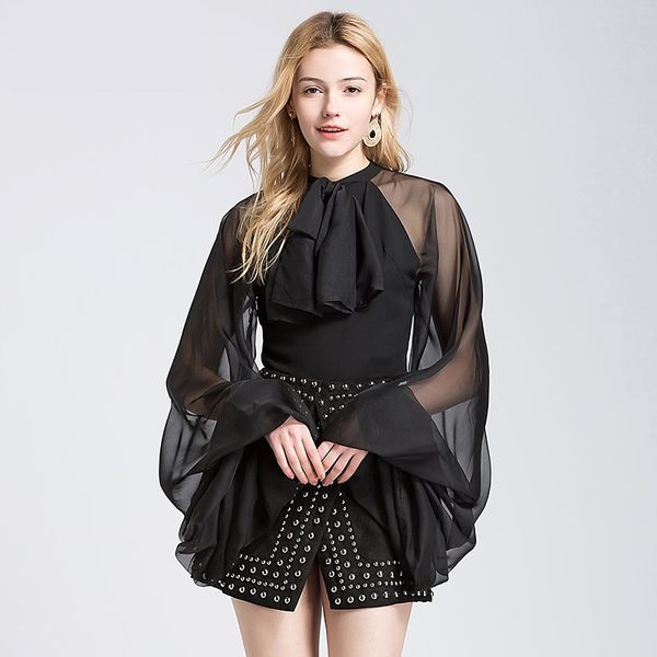 brand designer women chffon black blouse 2018 summer lady stand collar flare sleeve bow tie shirts party cocktail, White
brand designer women chffon black blouse 2018 summer lady stand collar flare sleeve bow tie shirts party cocktail, White