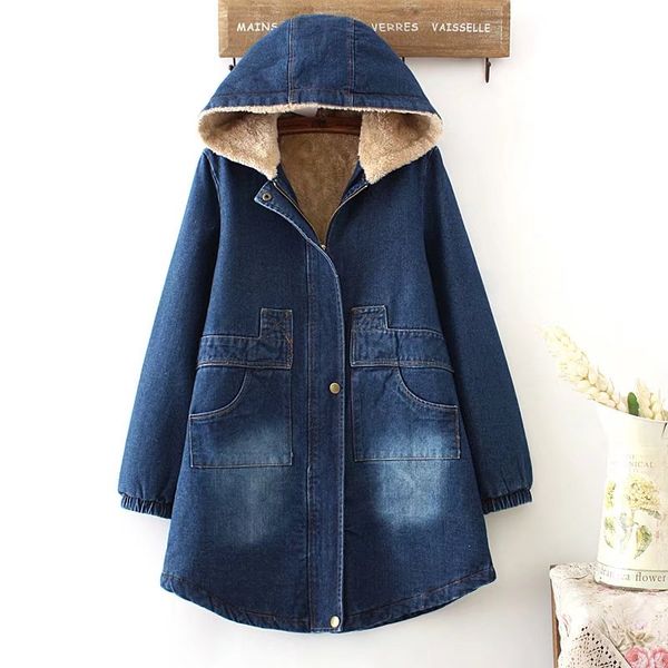 lamb velvet thickening winter hooded female denim coat women jacket, Black;brown 
lamb velvet thickening winter hooded female denim coat women jacket, Black;brown