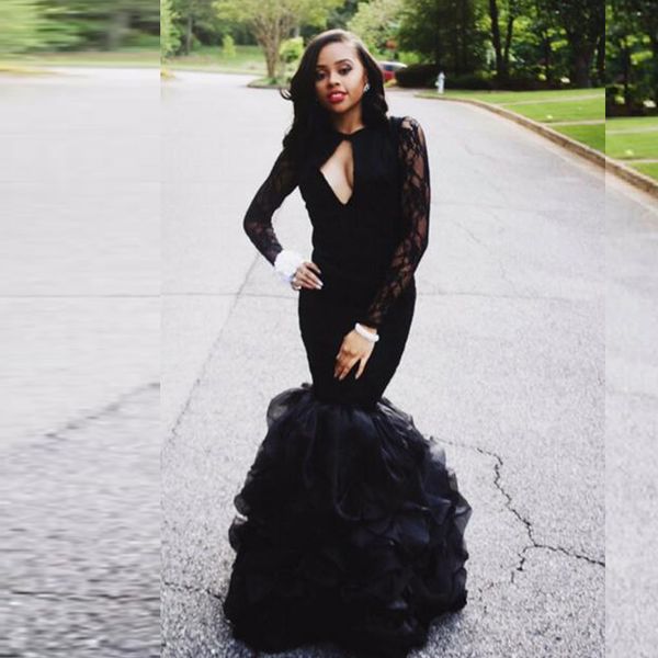2019 black long sleeves mermaid prom dresses cut out jewel neck ruffles skirt trumpet evening party gowns floor length high quality
2019 black long sleeves mermaid prom dresses cut out jewel neck ruffles skirt trumpet evening party gowns floor length high quality