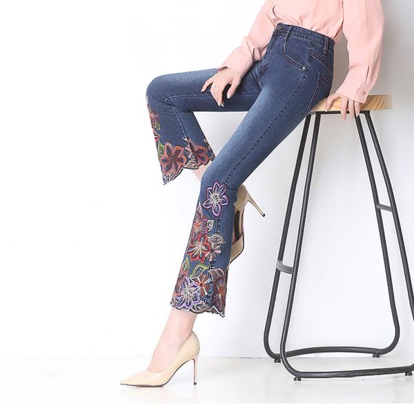 flower embroidery jeans women high waist straight flare denim pants female ankle-length trousers loose plus size elastic street, Blue
flower embroidery jeans women high waist straight flare denim pants female ankle-length trousers loose plus size elastic street, Blue