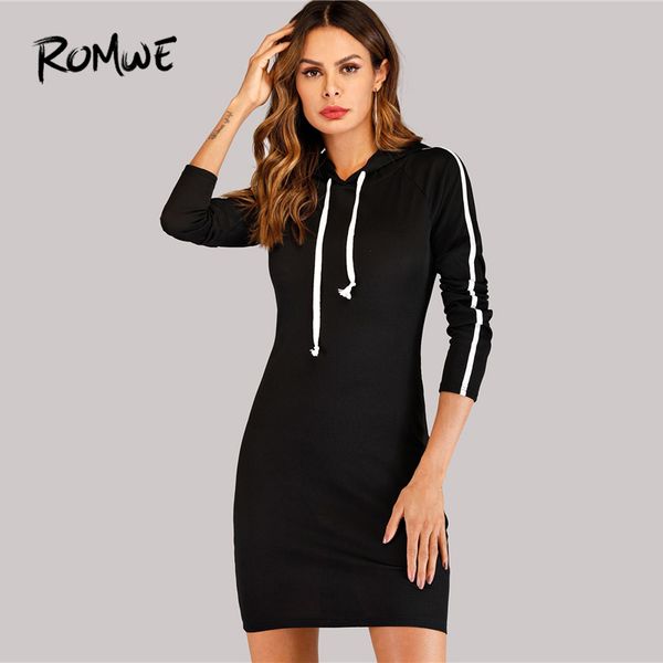 

black drawstring contrast taped side hooded dress women clothes autumn sporty 2018 clothing long sleeve sweatshirt dress, Black;gray