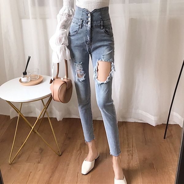 2018 autumn new high waist buckle high waist slim stretch jeans women's feet pants womens jeans denim ripped, Blue
2018 autumn new high waist buckle high waist slim stretch jeans women's feet pants womens jeans denim ripped, Blue