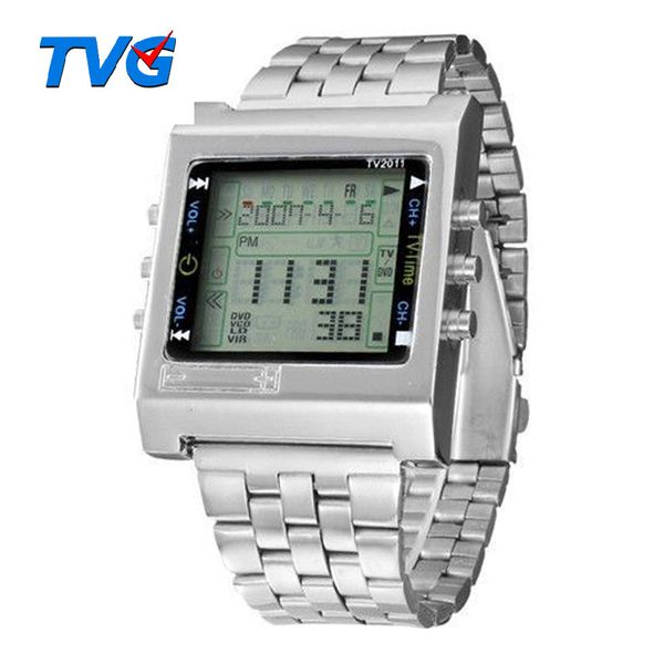 

new rectangle tvg remote control digital sport watch alarm tv dvd remote men and ladies stainless steel wristwatch, Slivery;brown