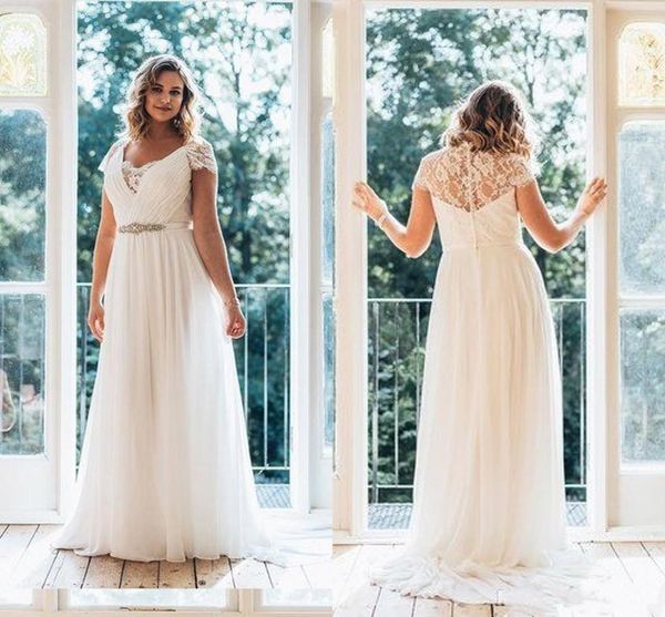 2019 Elegant Cheap Chiffon V neck Wedding Dresses With Short Sleeves Applique Ribbon with Crystal Beaded Plus size Hollow Back Lace Gowns, White
2019 Elegant Cheap Chiffon V neck Wedding Dresses With Short Sleeves Applique Ribbon with Crystal Beaded Plus size Hollow Back Lace Gowns, White