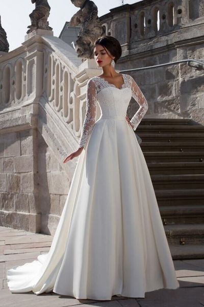 vintage long sleeve wedding dress v-neck see through back long satin wedding dresses vestido de noiva, White
vintage long sleeve wedding dress v-neck see through back long satin wedding dresses vestido de noiva, White