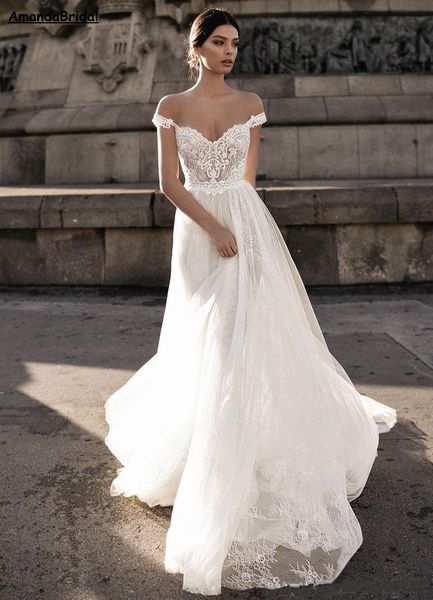 amandabridal gali karten sheer bohemian wedding dresses off the shoulder lace tulle sweep train backless bridal gowns, White
amandabridal gali karten sheer bohemian wedding dresses off the shoulder lace tulle sweep train backless bridal gowns, White