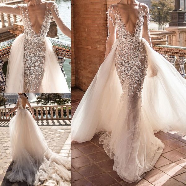 berta mermaid wedding dresses with detachable train lace applique deep v neck beach wedding gowns sweep train long sleeve bridal, White
berta mermaid wedding dresses with detachable train lace applique deep v neck beach wedding gowns sweep train long sleeve bridal, White