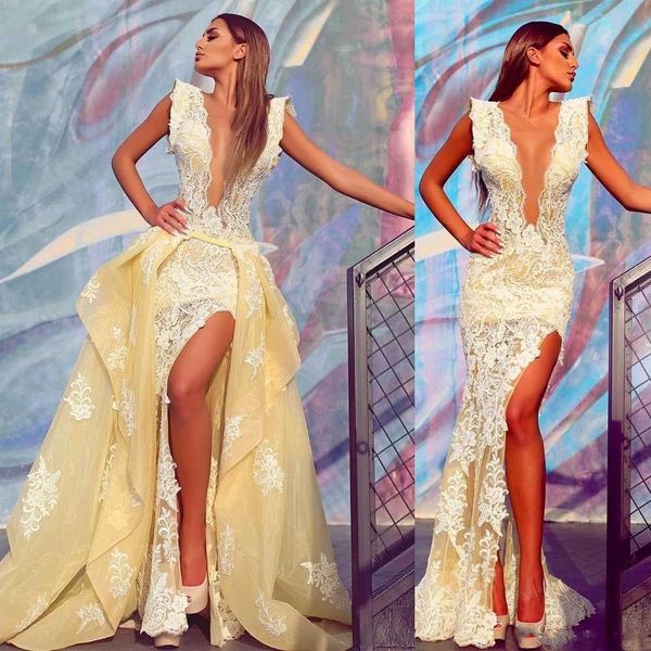 yellow detachable train evening dresses deep v neck appliques illusion sheath prom gown side split organza red carpet dress, Black
yellow detachable train evening dresses deep v neck appliques illusion sheath prom gown side split organza red carpet dress, Black