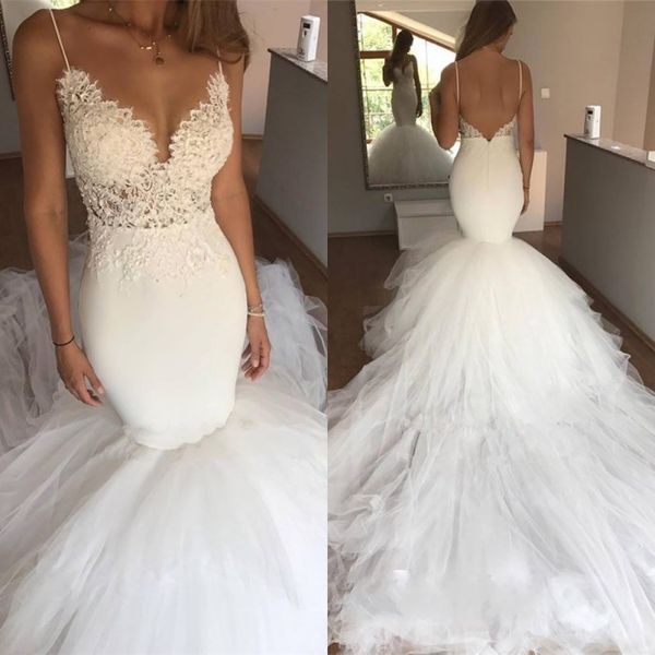 spring mermaid wedding dresses lace and tulle backless wedding gowns tiered skirts beach bridal dress with spaghetti straps bohemia, White
spring mermaid wedding dresses lace and tulle backless wedding gowns tiered skirts beach bridal dress with spaghetti straps bohemia, White