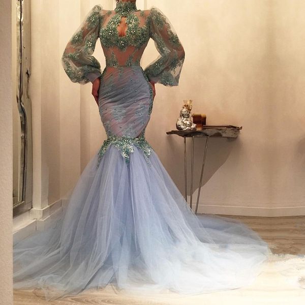 long sleeves mermaid evening dresses 2019 high neck appliques lace tulle arabic prom dresses floor length light sky blue formal dresses, Black;red
long sleeves mermaid evening dresses 2019 high neck appliques lace tulle arabic prom dresses floor length light sky blue formal dresses, Black;red