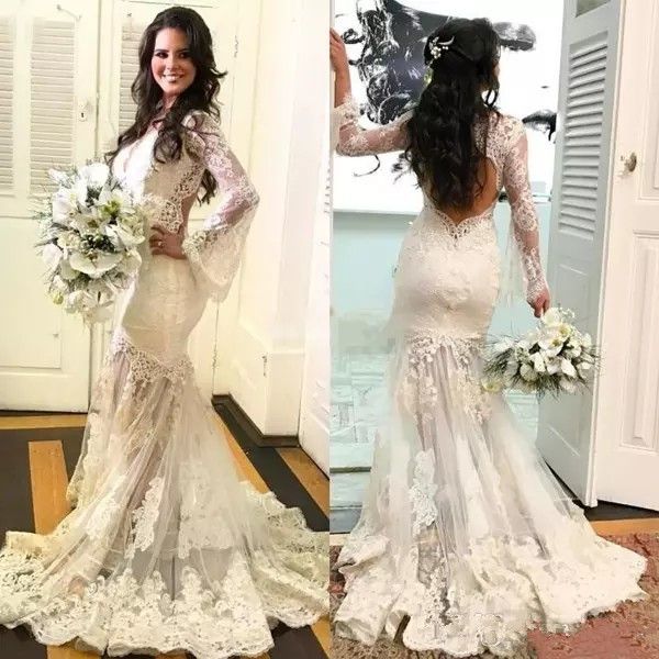 2019 country wedding dresses mermaid v-neck long sleeves sweep train bridal gowns with lace applique plus size wedding dress open back, White
2019 country wedding dresses mermaid v-neck long sleeves sweep train bridal gowns with lace applique plus size wedding dress open back, White
