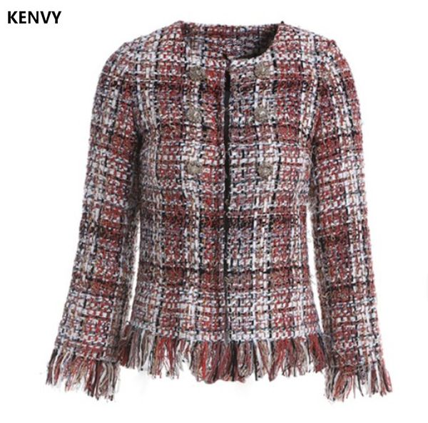 kenvy brand fashion women's high-end luxury autumn elegant heavy work plaid thick short coat female, Black;brown
kenvy brand fashion women's high-end luxury autumn elegant heavy work plaid thick short coat female, Black;brown