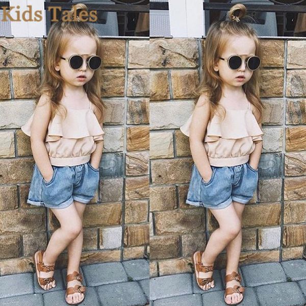 pt081 2019 fashion summer 2pcs kids set pure color ruffles vest + denim shorts set children clothes girls clothing sets, White 
pt081 2019 fashion summer 2pcs kids set pure color ruffles vest + denim shorts set children clothes girls clothing sets, White